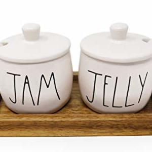 Ceramic Condiment Pots Container Jars With Lids And Serving Spoons and Wood Tray